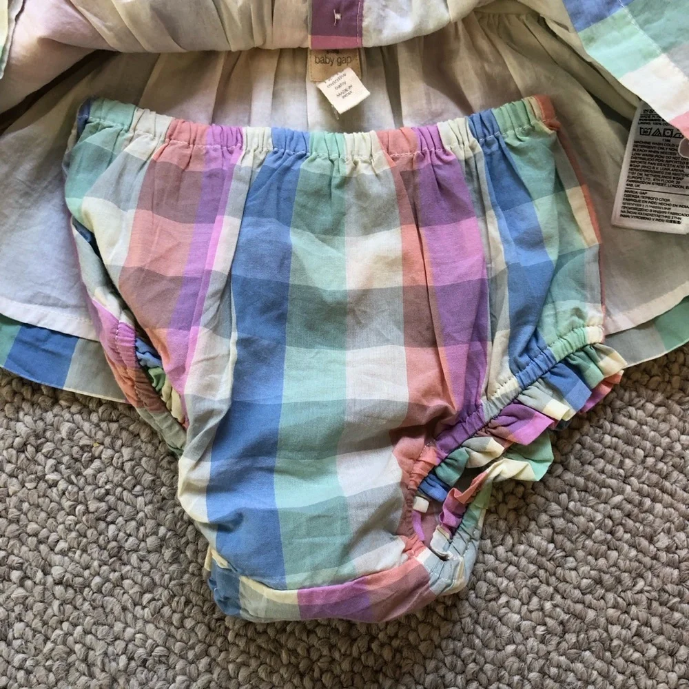NWT Baby Gap Pastel Rainbow Plaid 3pc Outfit- Top, Bloomers, Headband